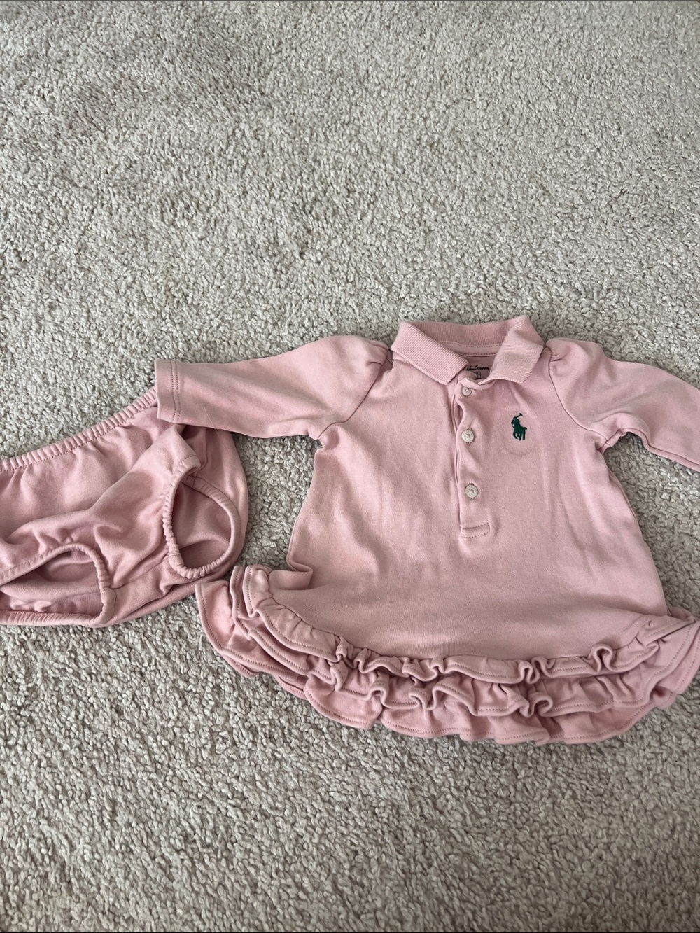 Ralph Lauren Baby Pink Polo Dress with Ruffle Hem and Bloomer